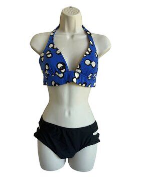 VINTAGE Victoria's Secret Womens M Blue Black Halter Bikini Top Geometric Medium